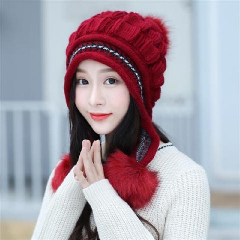 

Зимняя вязаная теплая шерстяная шапка Милая и симпатичная толстая защитная шапка из кроличьей шерсти бордовый
