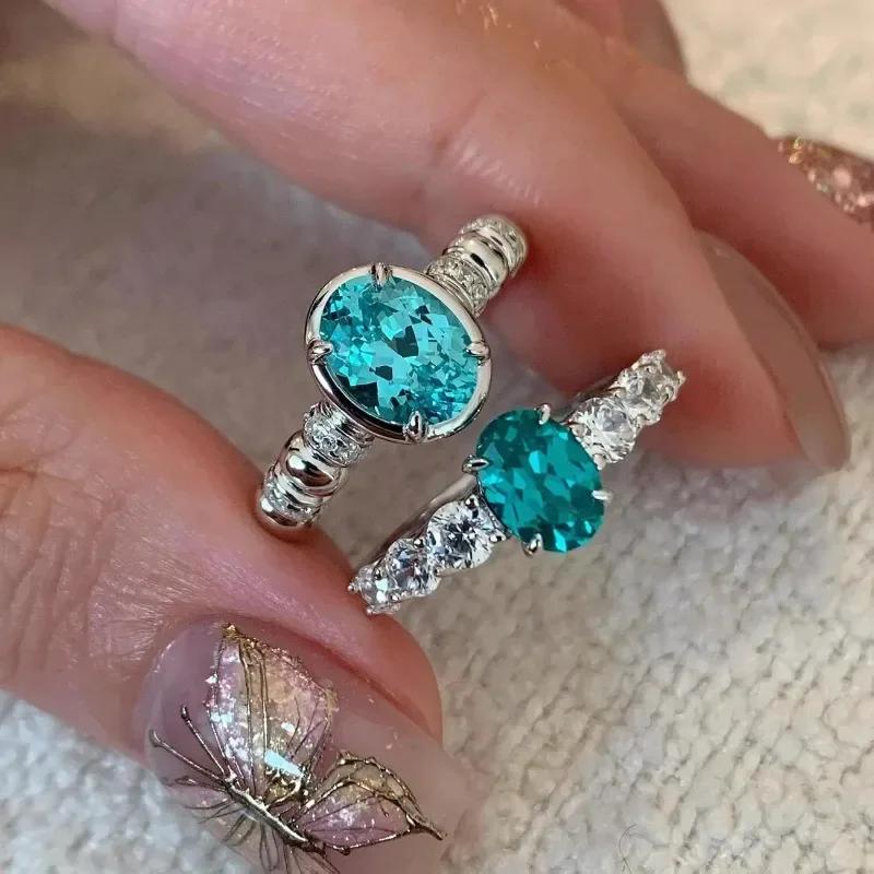 Bagues ovales en pierre précieuse bleu mer incrustée brillante pour femmes luxe léger Paraiba Simplicité bague de mode fête bijoux fins