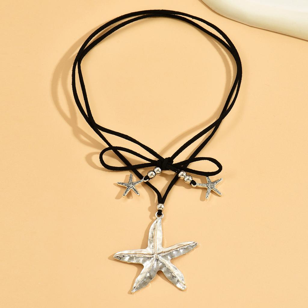 Bohemian Alloy Starfish Pendant Necklace, Fashionable Retro Exaggerated Personality Leather Collarbone Chain Necklace