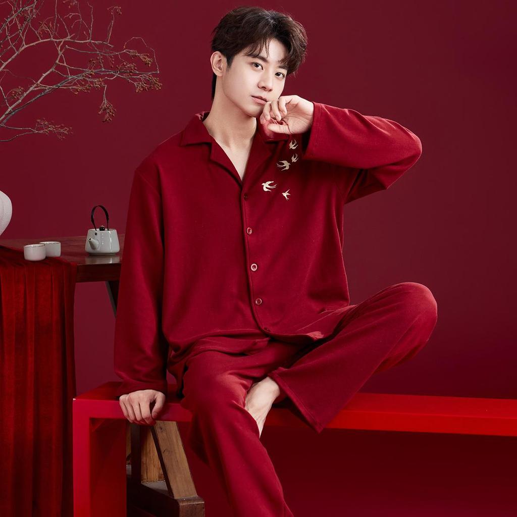 Rotes Hochzeits-Pyjama-Set für Paare - Herbst/Winter Plus Samt mit Rattenjahr-Design