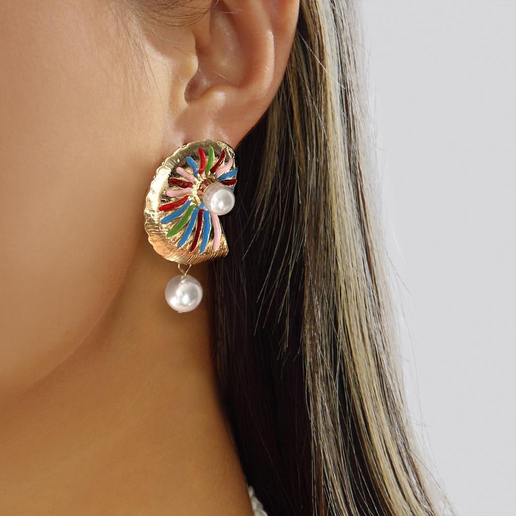 Colorful Enamel Shell Conch Starfish Imitation Pearl Earrings Ocean Style Vacation Accessory Women's Fashion Trend