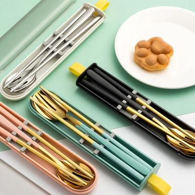 Conjunto de louças 3 peças, colher, garfo, pauzinhos, talheres com caixa, portátil, aço inoxidável 304, utensílios de mesa para viagens, acampamento