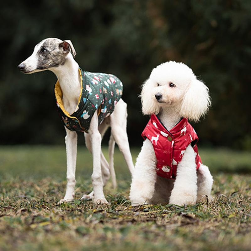 Christmas Dog Jacket Party Printing Reversible Winter Dog Coat for Small Dogs Soft Padded Warm Dog Clothes with Hole for Leash