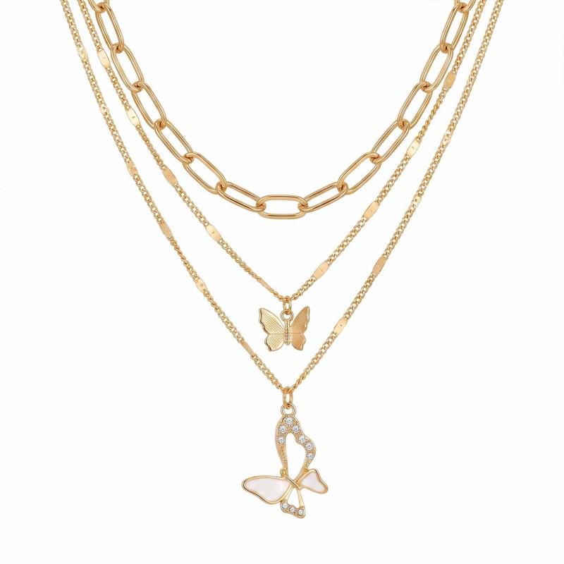 Elegant Three-Layer Butterfly Necklace for Women - High-End Retro Cold Style Hollow Clavicle Chain