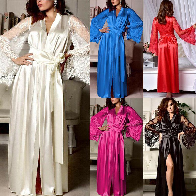 Elegante Camicia da Notte da Donna in Raso di Seta con Pizzo Lingerie Kimono Abbigliamento da Notte Lunga Vestaglia