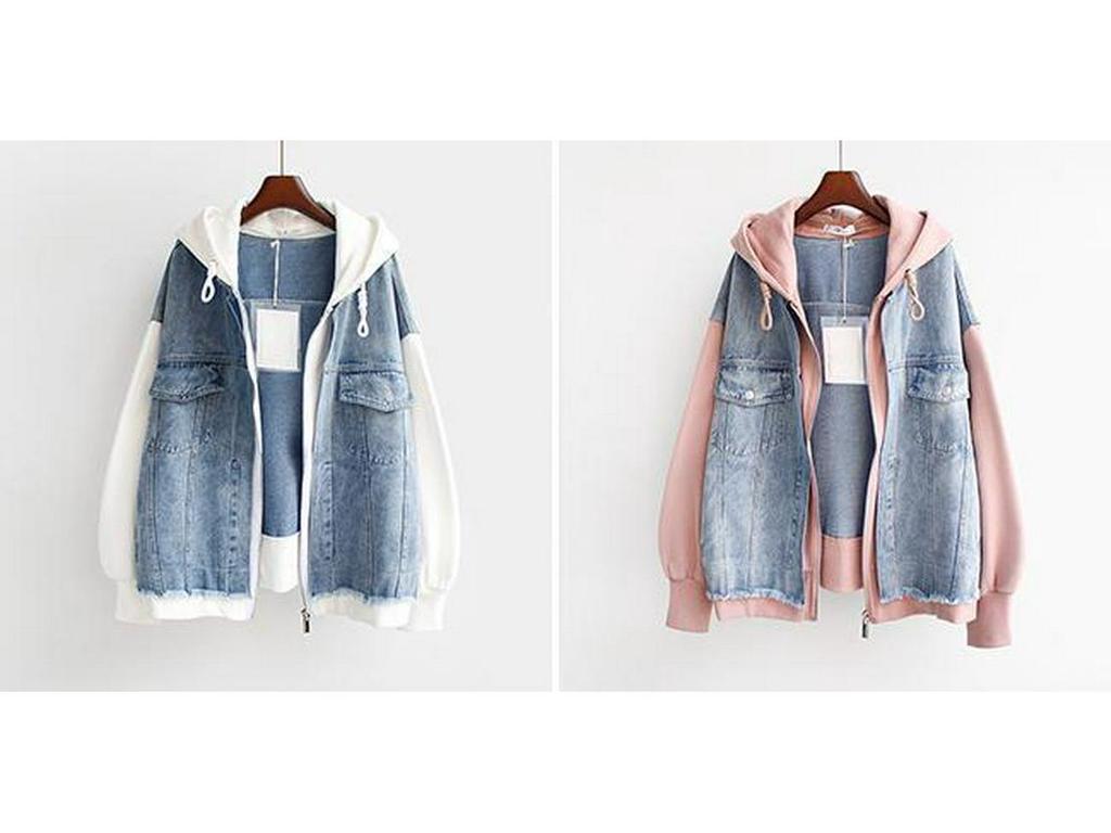 Dámská džínová baseballová bunda s kapucí, nadměrná velikost - Falešný dvoudíl, volný střih na jaro