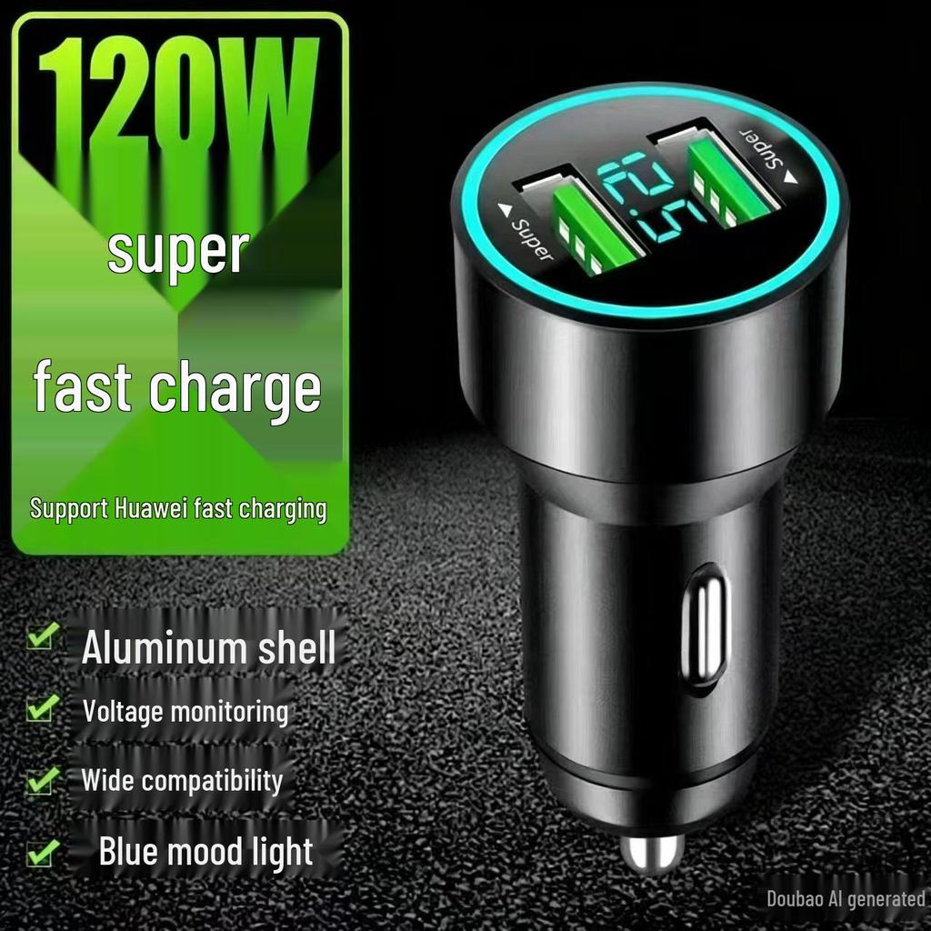 160W Multi-Port Car Charger with PD & Flash Charge, Digital Display, Metal Body - Compatible with Apple & Huawei