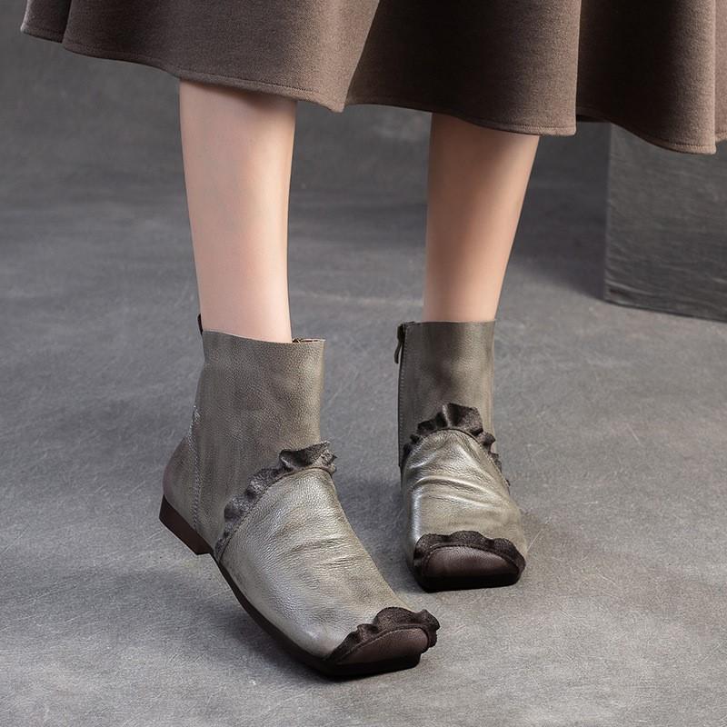 Johnature Kurze Stiefel aus weichem Rindsleder mit quadratischer Zehenpartie, vielseitige, bequeme Damenschuhe aus echtem Leder im Retro-Stil