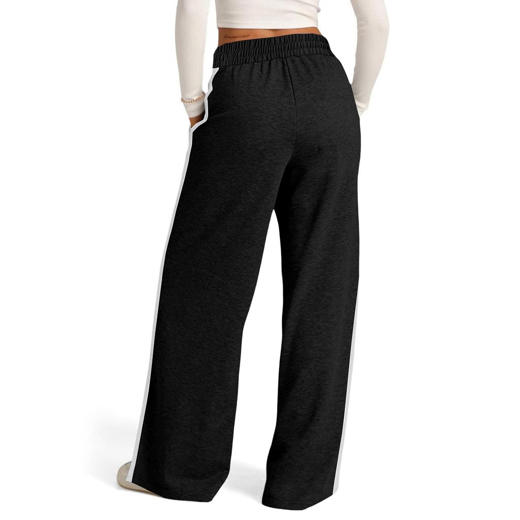 Women's Casual Fashion Solid Color Elastic Waist Drawstring Pockets Wide Leg Straight Pants