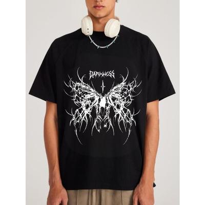 Zwart T-shirt Duisternis Vlinder Schedel Grafische Print Unisex Streetwear Casual Kleding Muziekfestival Outfit