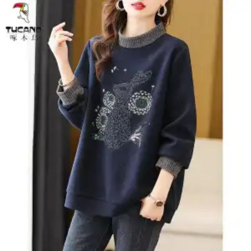 

Модный свободный свитшот с полувысоким воротником для женщин Весна Осень Новый вышитый топ с длинным рукавом L темно-синий