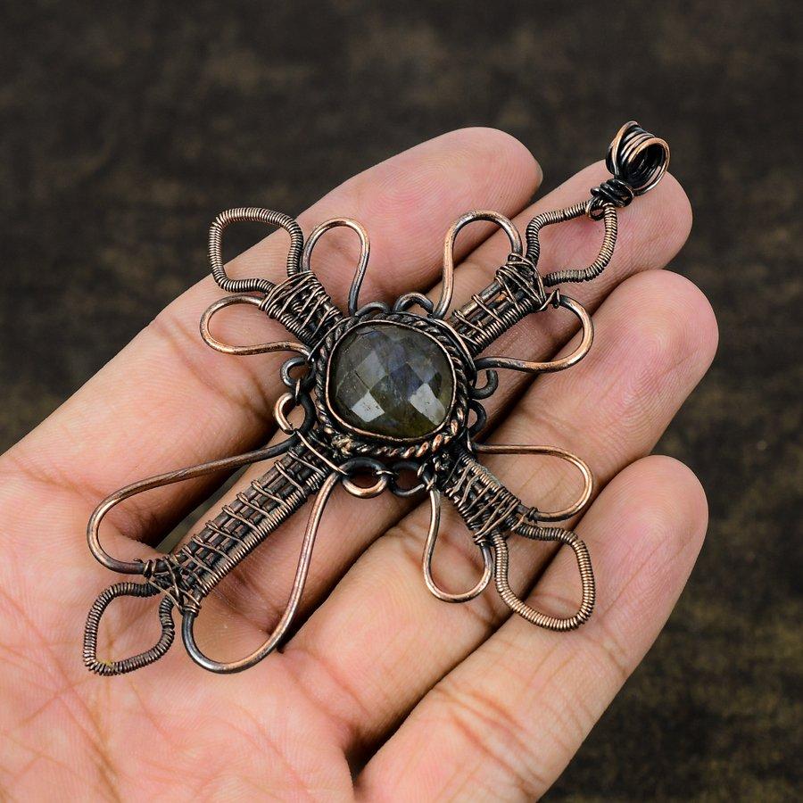 Labradorit Handgefertigter Kupferdraht Wickel Schmuck Anhänger 3.98" V6O61