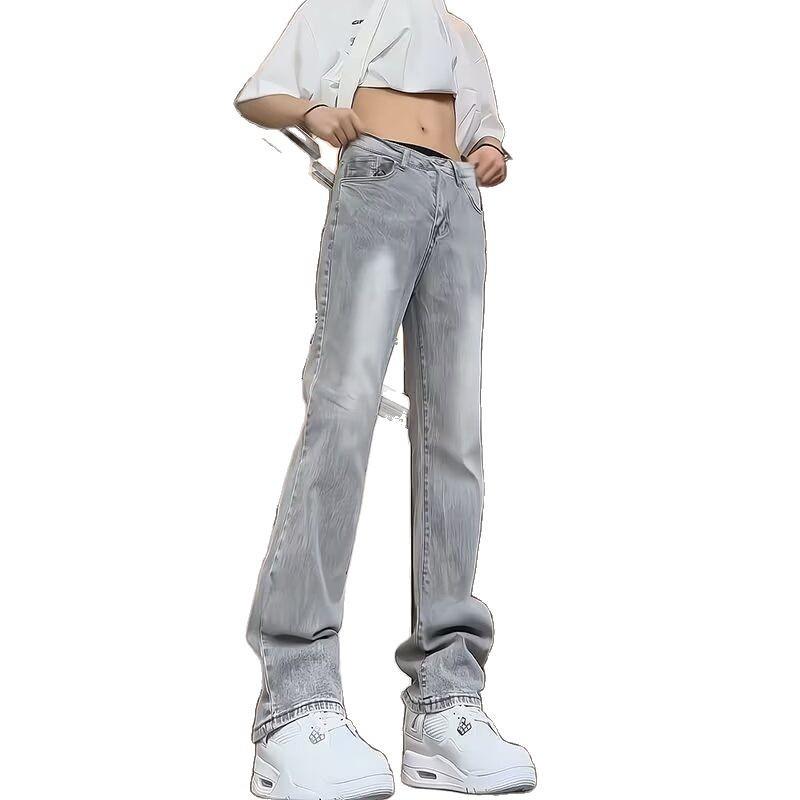 Cement smoke gray jeans men's spring and summer tide brand American retro high street vibe straight micro-pull versatile pants