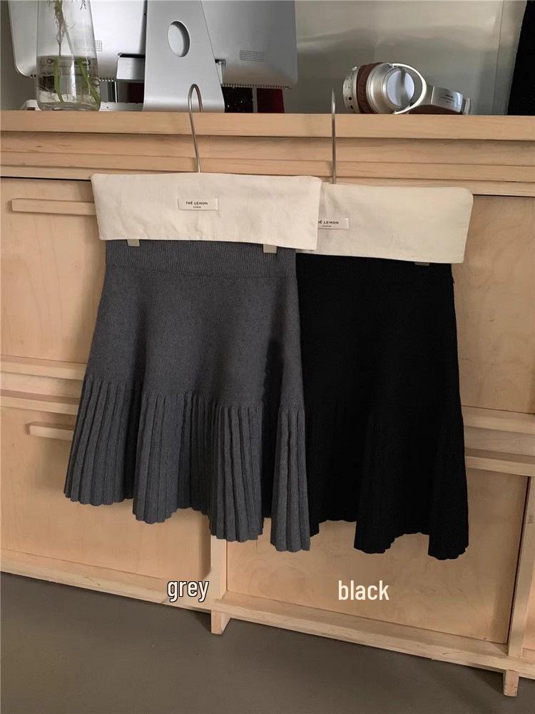 Deep Gray Textured A-Line Pleated Knit Skirt with Elastic High Waist for Women - Slim-Fit, Short Length, Perfect for Autumn and Winter