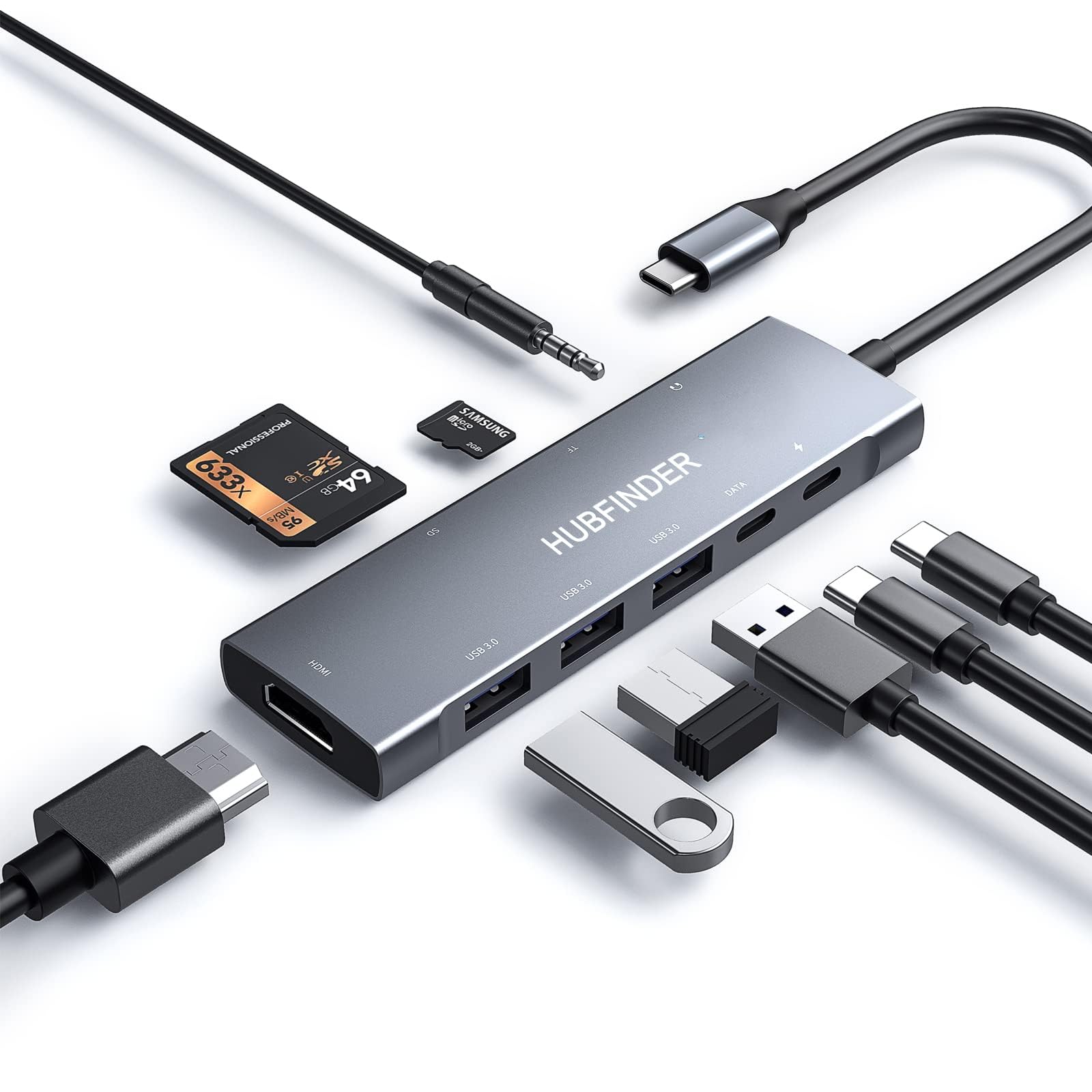 

USB C Хаб HUBFINDER 9в1 Адаптер-хаб Type C для MacBook Air Go 4K HDMI 3 USB SD-карта Разъем для наушников Порт передачи данных Type C Pro/MacBook Air/iPad Pro/iPad серый