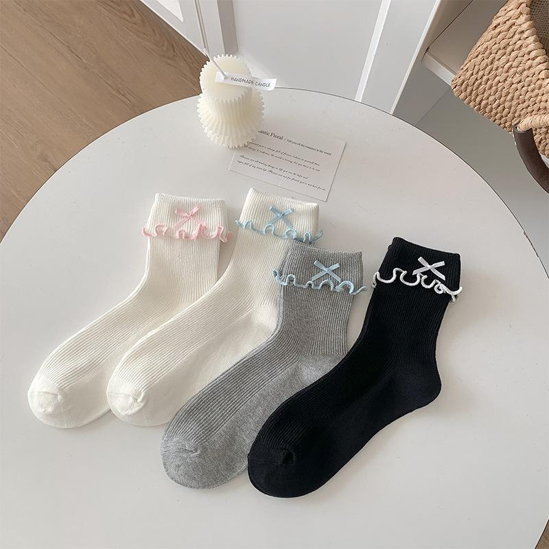 Sweet Fungus Edge Socks Female Cute Flanged Bow Medium Tube Socks Spring And Autumn Girl Style Stacking Socks