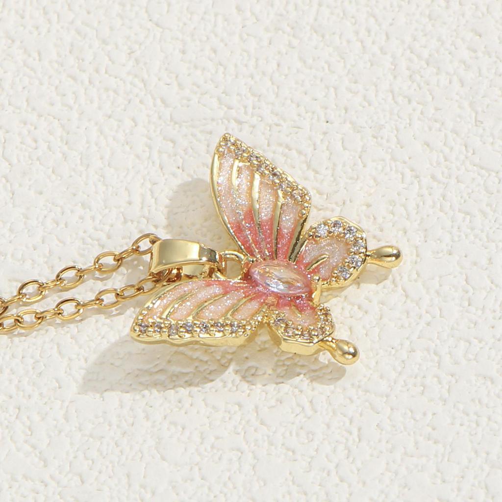 Gold-Plated Pink Gradient Butterfly Necklace with Cubic Zirconia