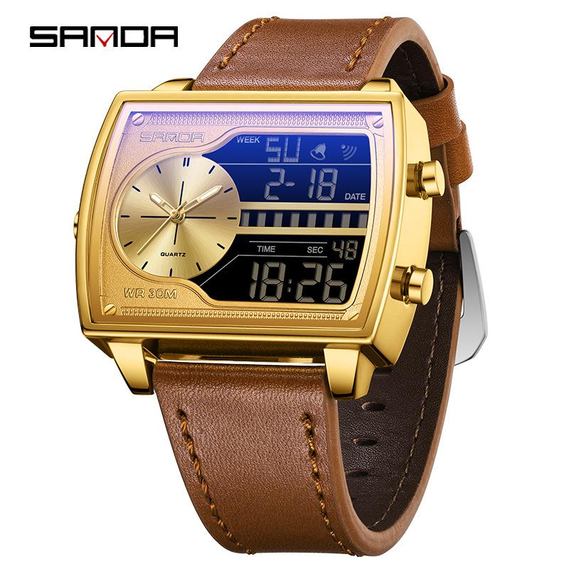 SANDA 6163 Fashion Trend Quartz Watches Fashion Men's Square Watch Countdown Sports Waterproof Dual Display Digital Mens Watch