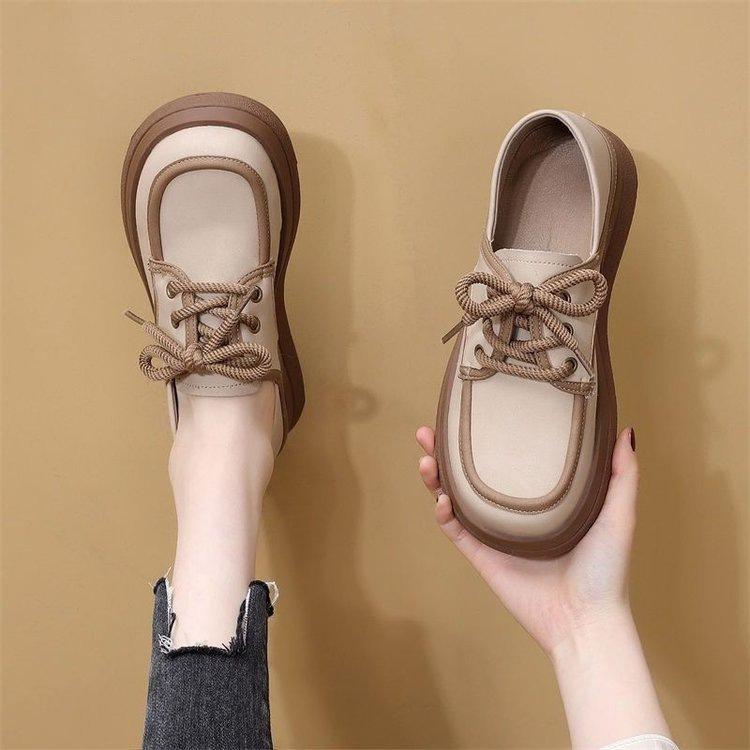 College style color matching thick sole two wear small leather shoes spring non-slip wear-resistant design sense niche single shoes