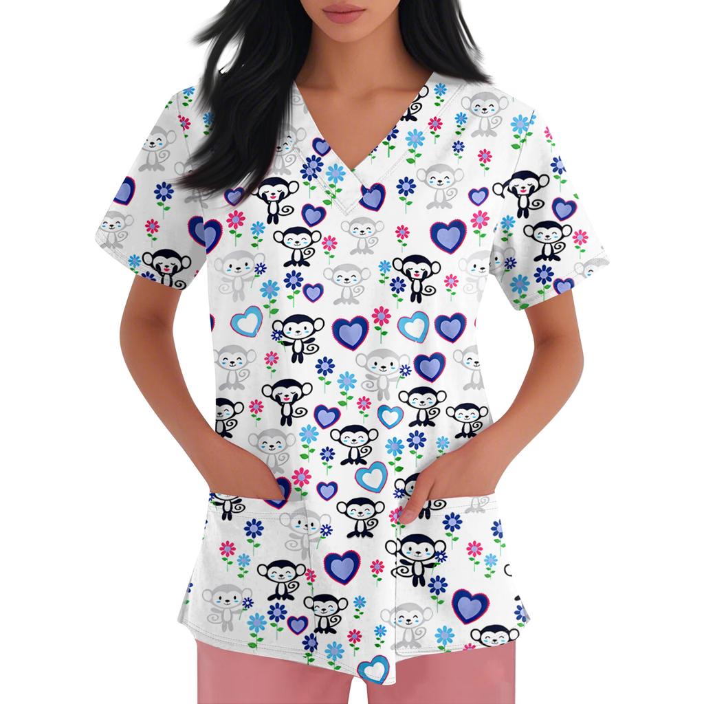 Women's V-neck Cartoon Printed Short-sleeved Pocket Side-slit Protective Suit Top