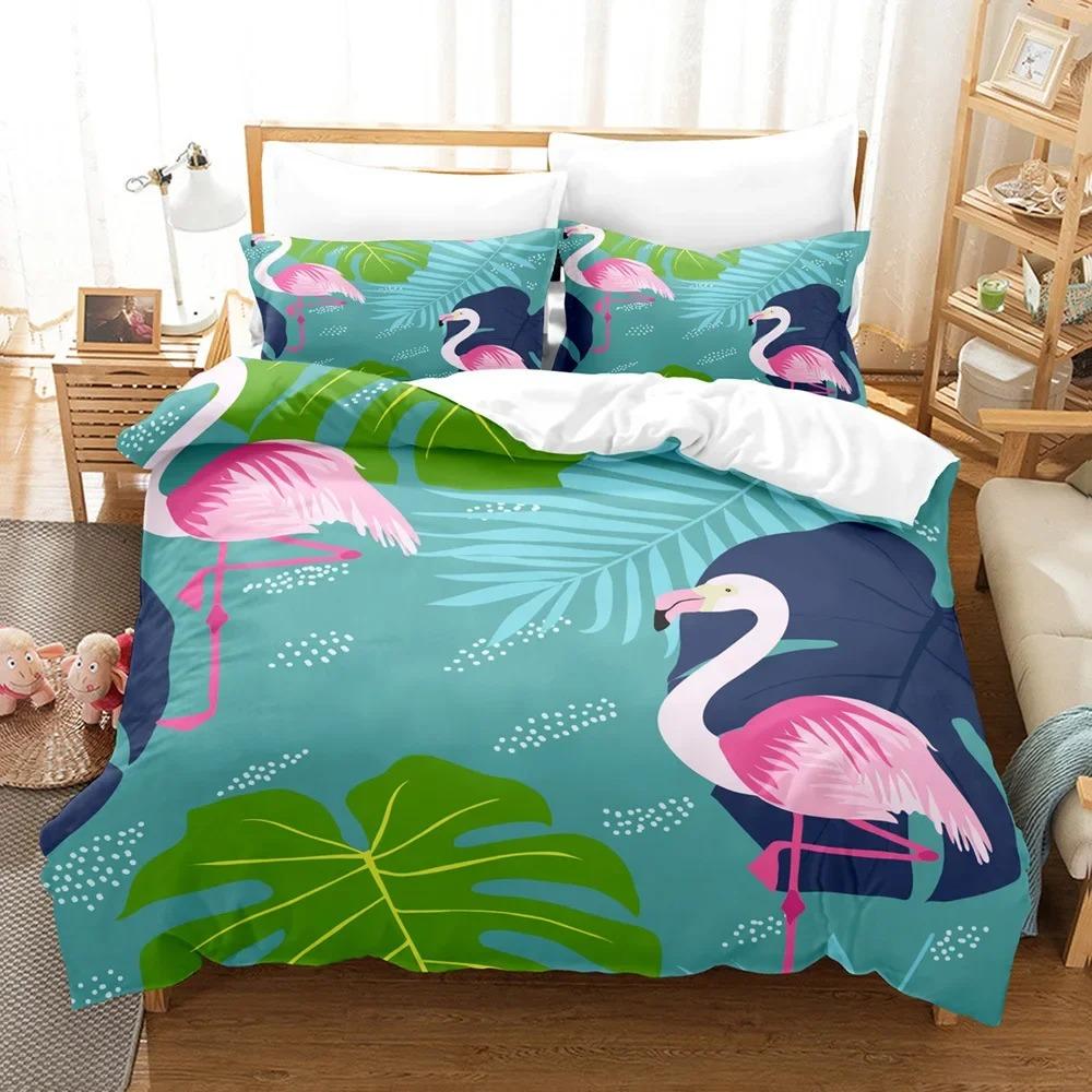 Flamingo Duvet Cover King/Queen Size Green Tropical Leaves Decor Bedding Set Palm Tree Flower Soft 2/3pcs Polyester Quilt Cover