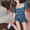Square Neck Puff Sleeve Denim Jumpsuit for Women - Loose, Retro Korean Style, Petite, Summer 2024.