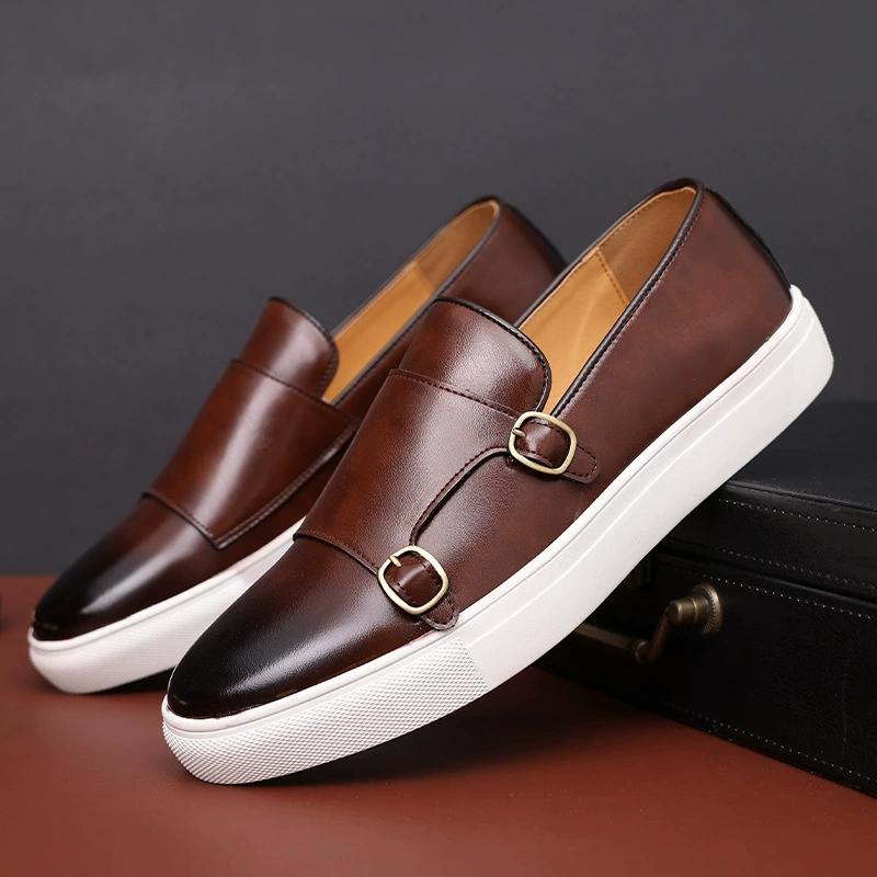 Fashion New Summer Double Buckle Men Slip-On Flat Loafers Black Brown Large Size Casual Leather Shoes Men's Lazy Shoes