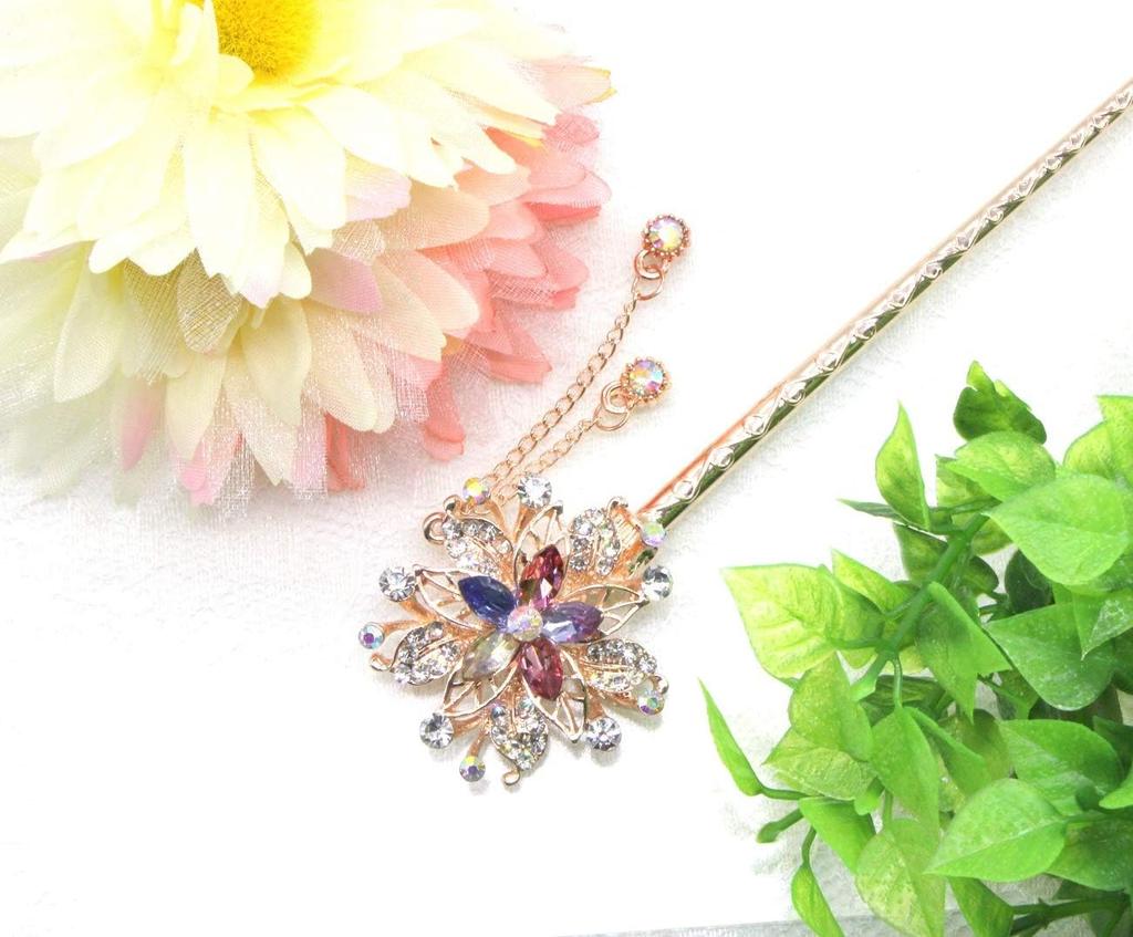 Miaomyao Single for Japanese Clothing Antique Crystal Pink Gold Hair Miaomyao Hairpin, Hairpin, (Tomesode, Kimono, Yukata), Metal, Crystal, Flower,