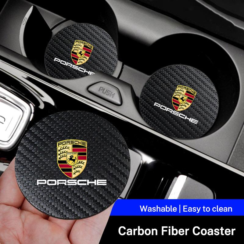 wsdz2 2Pcs Car Coaster Water Cup Bottle Holder Anti-slip Pad Mat Leather Pad For Porsche Cayenne Panamera Macan 911 718 Cayman 918