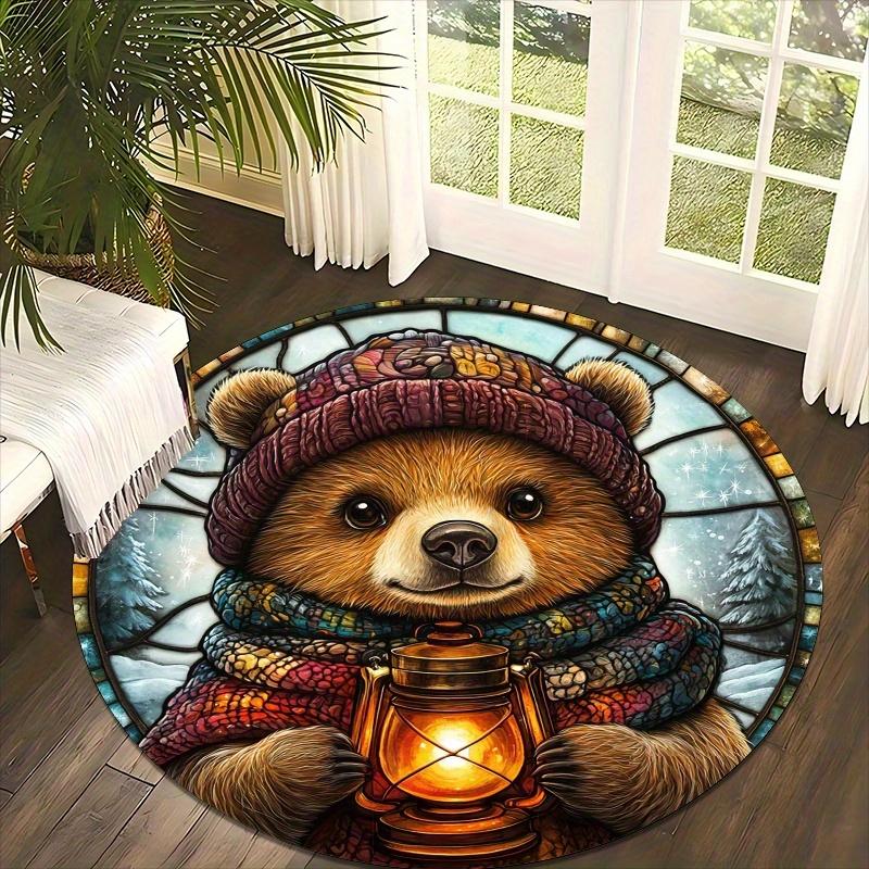 Cute Bear Lantern Flannel-printed Round Floor Mats Are Slip-resistant Suitable for Living Room Bedroom Terrace Garden Carpets