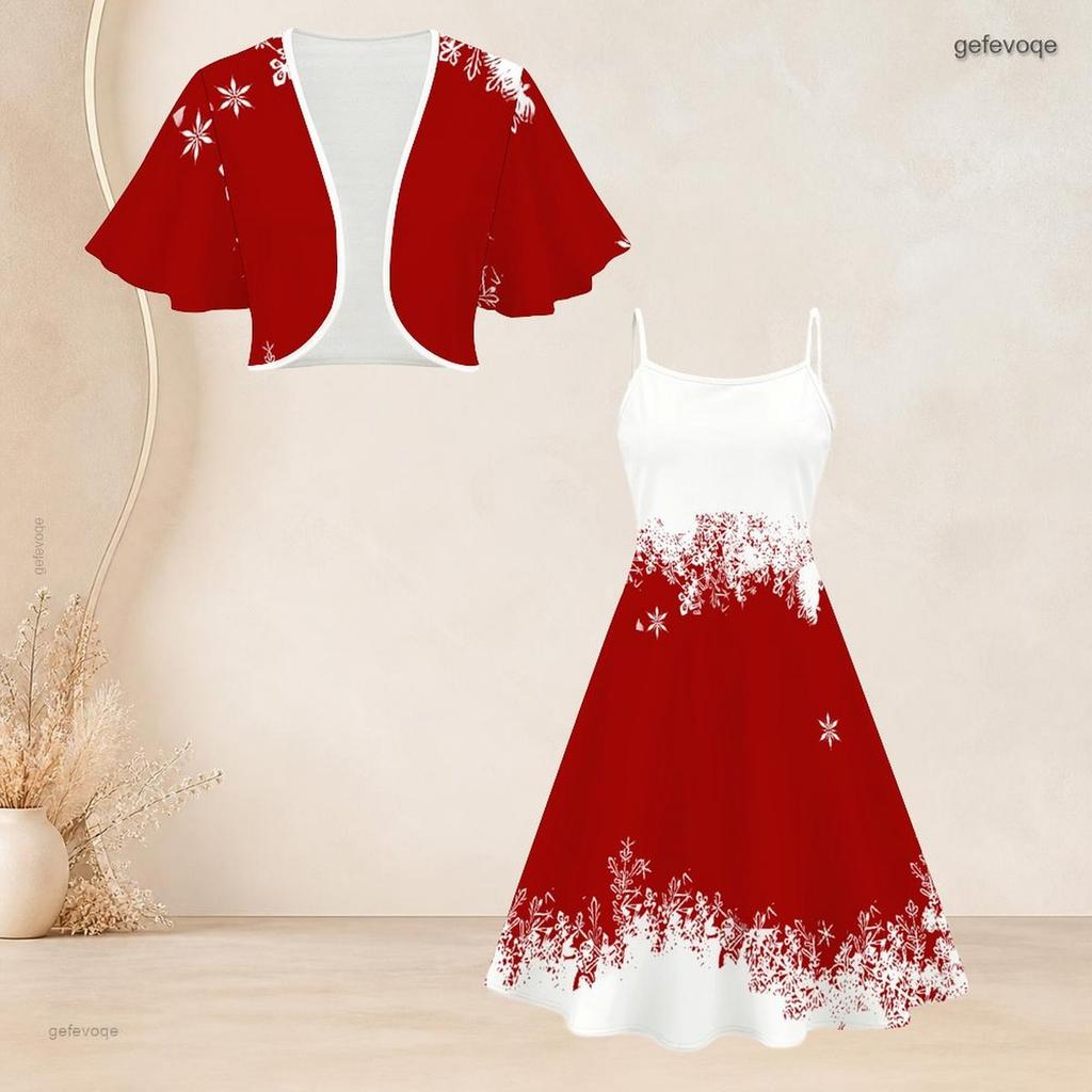 Women Plus Size Two Piece Dress Set Batwing Sleeve Cropped Shrug Strappy Floral Printed Black Flared Dress