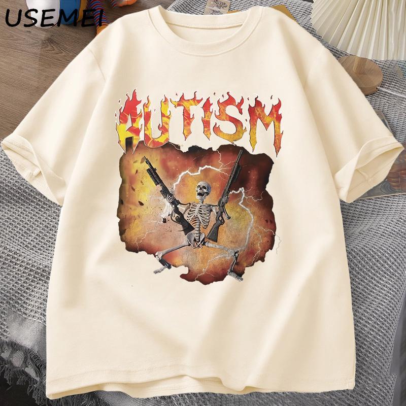 Autism Funny Skull Tshirt Mens Womens Autism Meme Pattern Tshirt Fashion Cotton Retro 2026 Summer New Street Wear M