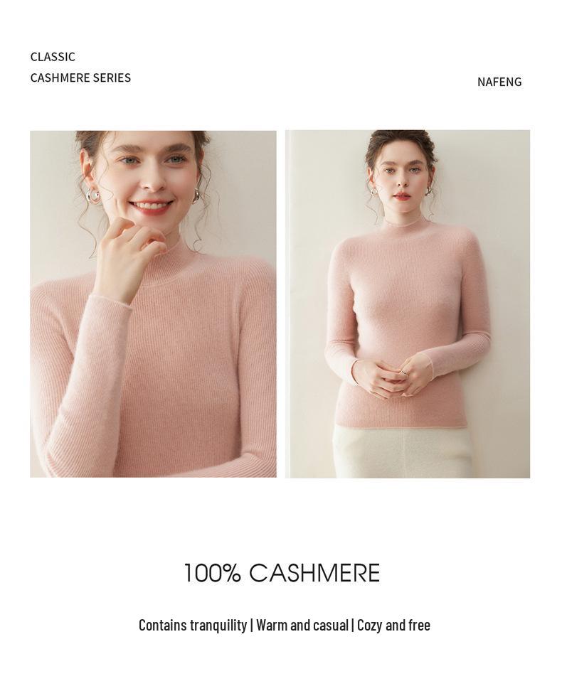Classic Women's Cashmere Knit Pullover: Striped Half-High Collar, Solid Color, Autumn/Winter Commute Sweater