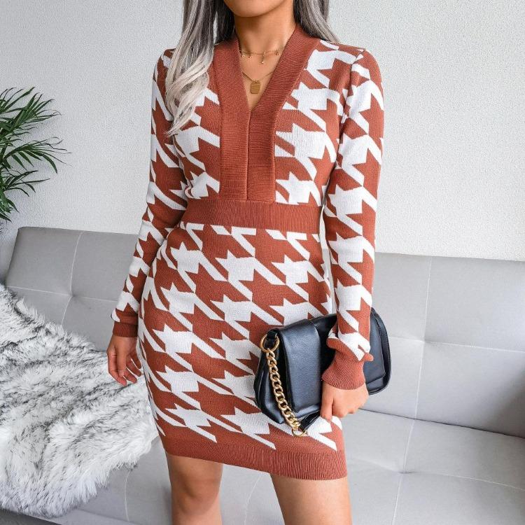 

Knitted Dress Houndstooth High Waist Long Sleeve Women V Neck Autumn Winter Sizes S to L Pack L коричневий