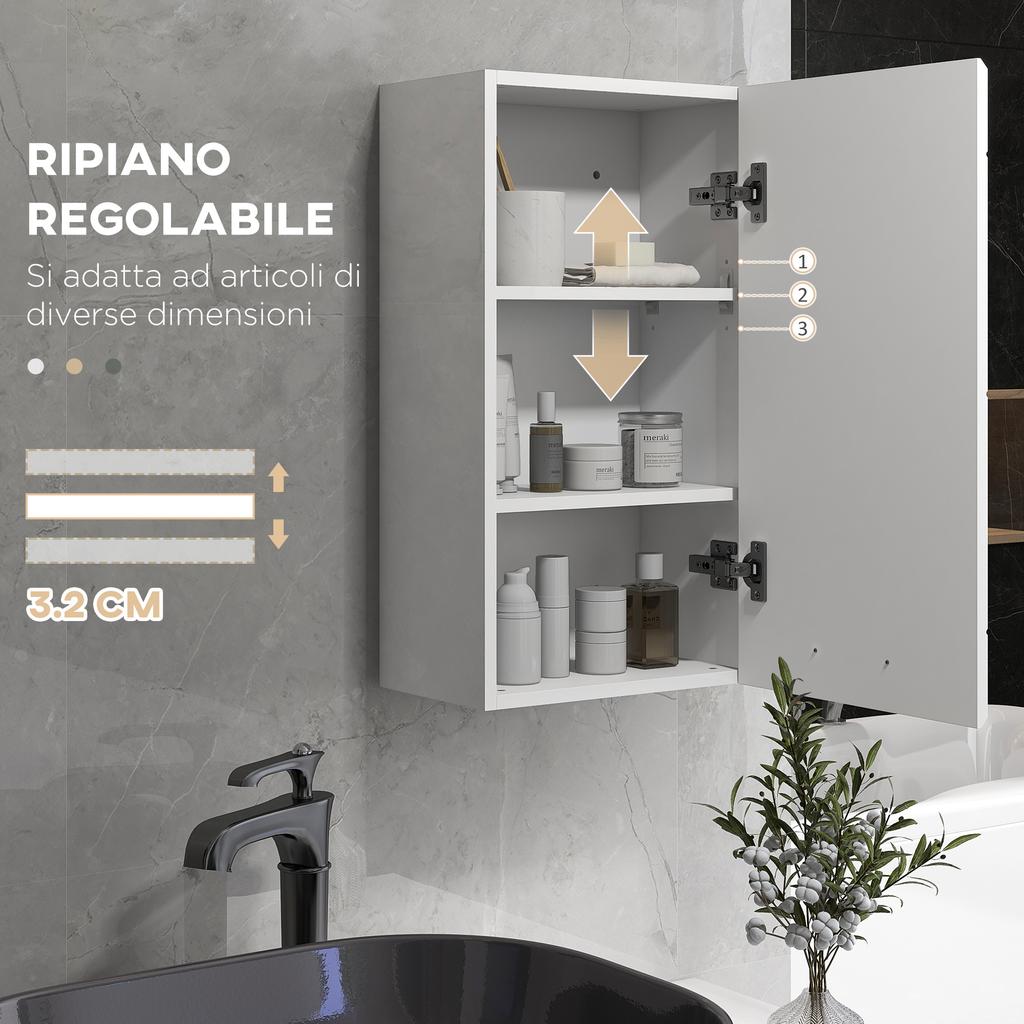 Wall-mounted MDF bathroom cabinet with 3 shelves and an adjustable top shelf. 37x22.5x70cm. White
