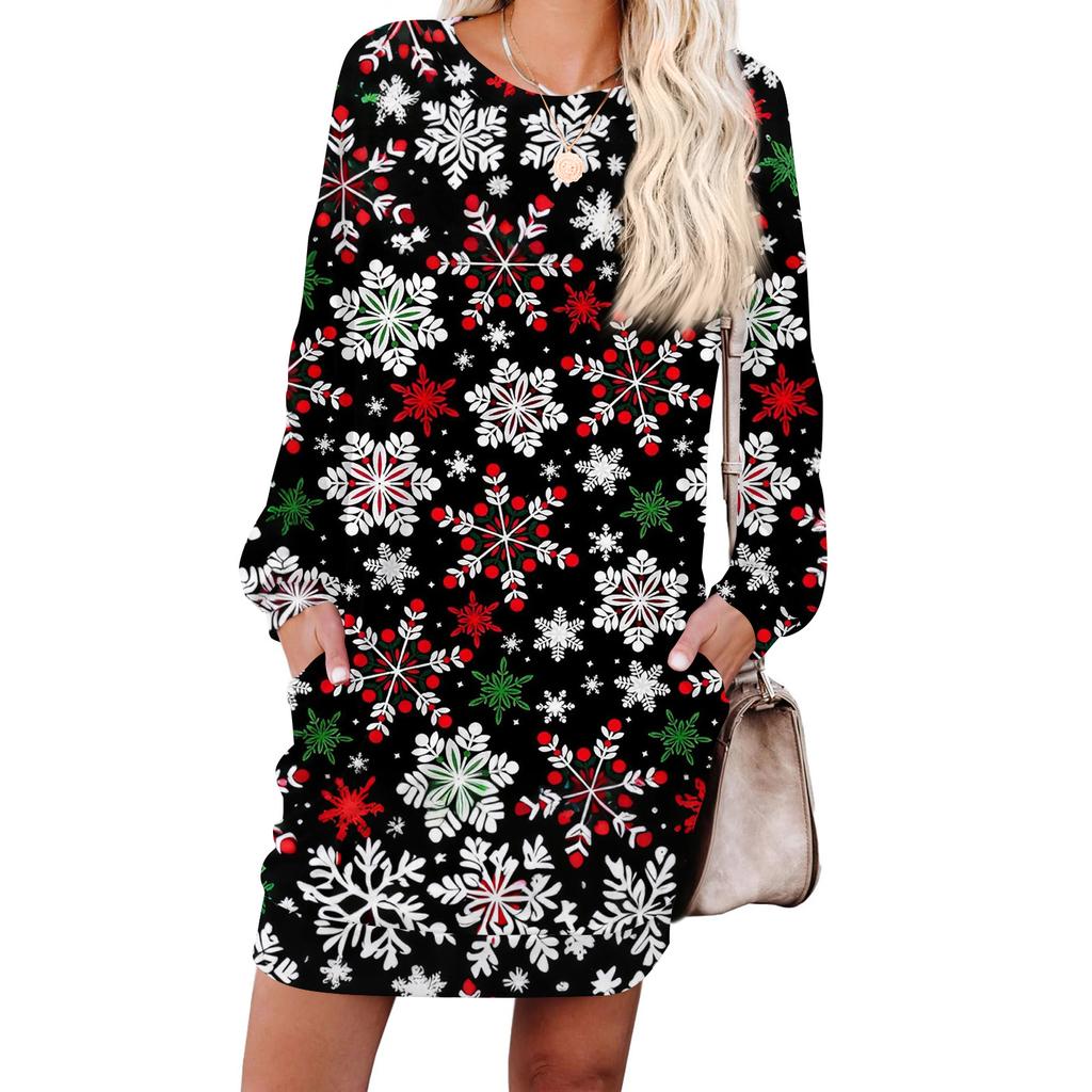 Damska modna sukienka z długim rękawem, z okrągłym dekoltem i kieszenią, w nadruk płatków śniegu