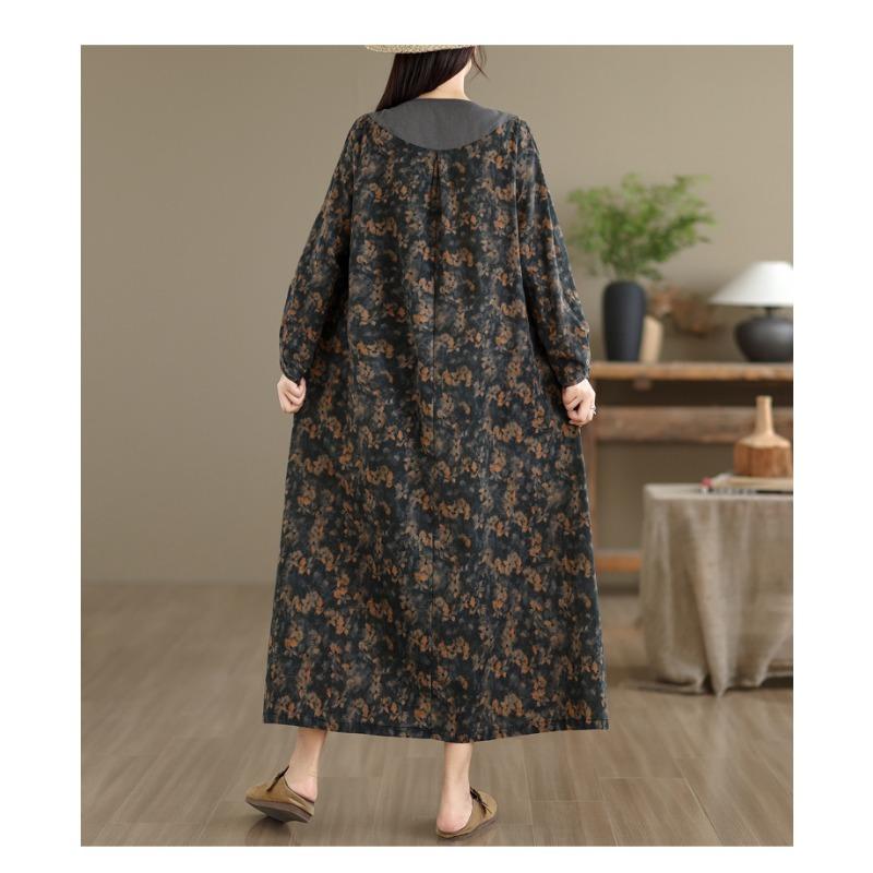 DIMANAF Women Plus Size Autumn Long Sleeve Vintage Dress Floral Loose Casual Oversize Maxi Cotton Linen Dress 2025