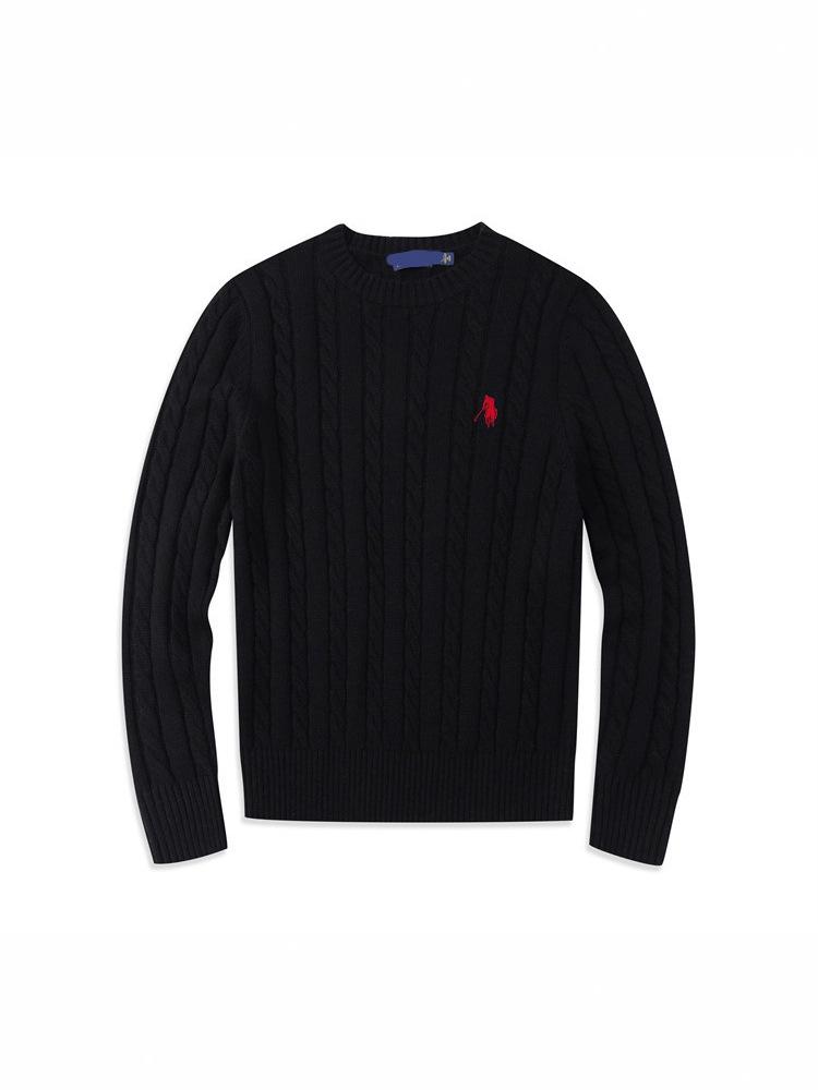 Baoluo Original Little Horse Men's Sweater - Autumn/Winter Cable Knit, Round Neck, Embroidered, Pure Cotton Knitwear