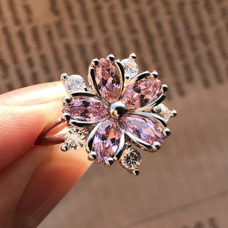 Cherry blossom pink zircon diamond flower ring simple niche creative design ring