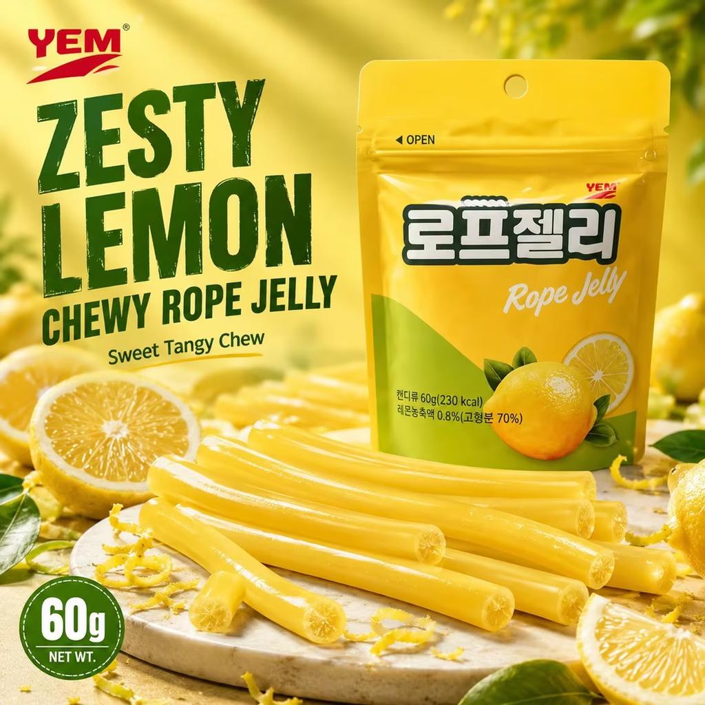YEM Zitrone Geschmack Langstreifen Süßigkeit 60g | Erfrischender sauer-süßer Zitronengeschmack, zähe elastische Textur, schlanke Streifenform