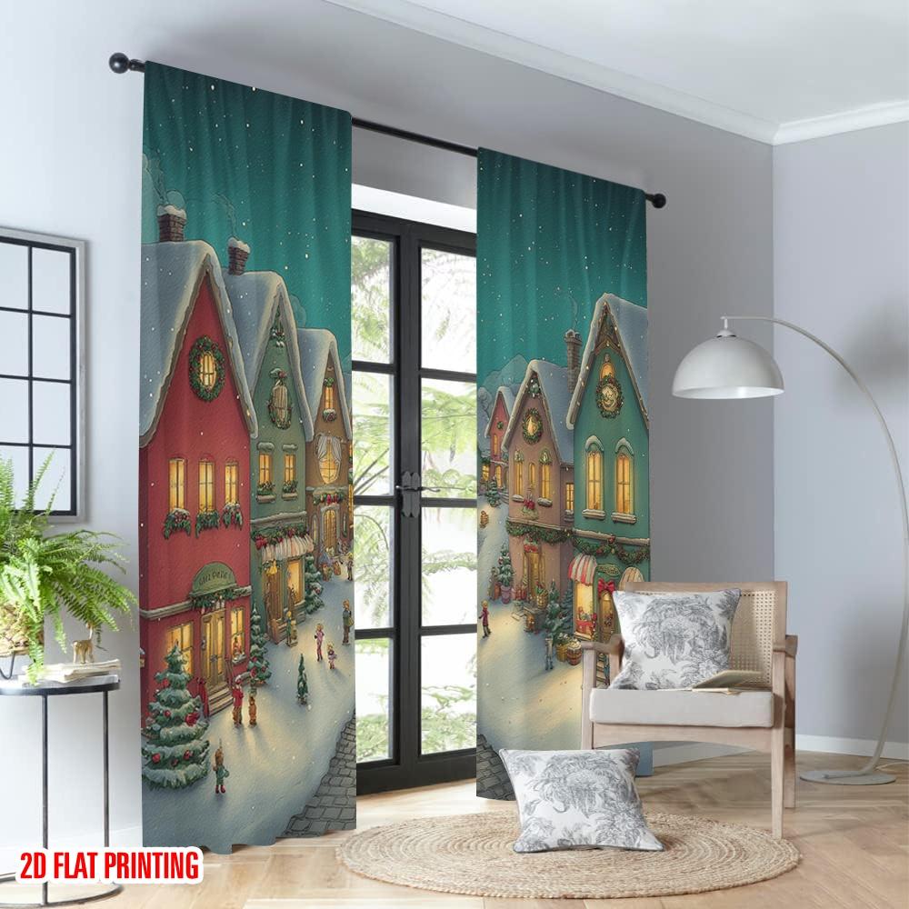 Classic Flat Printing Christmas Curtains Village Snow Town Scene Digital Printed Polyester Drapes Party Set Of 2 Made