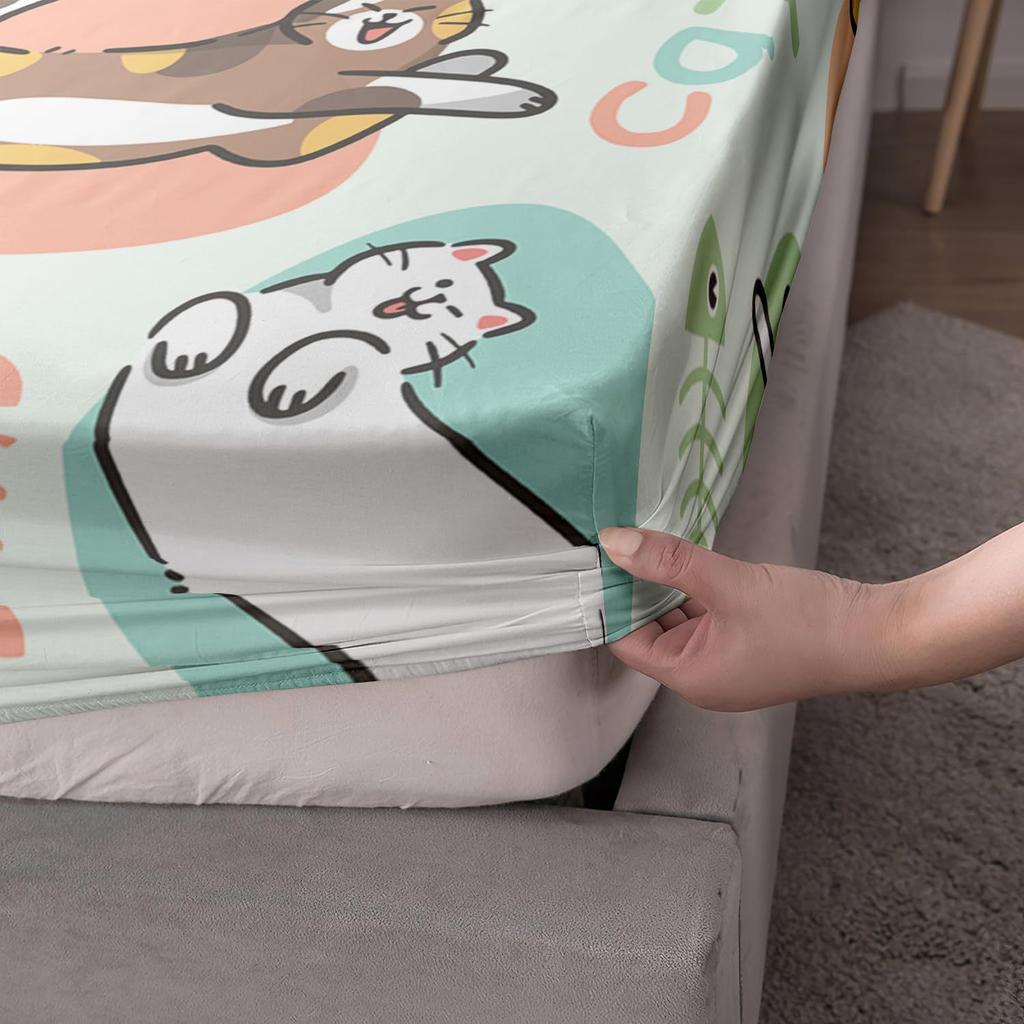 Cute Cartoon Kitten Pattern Bed Hat Three-Piece Digital Printing Bedding Set Adult Children