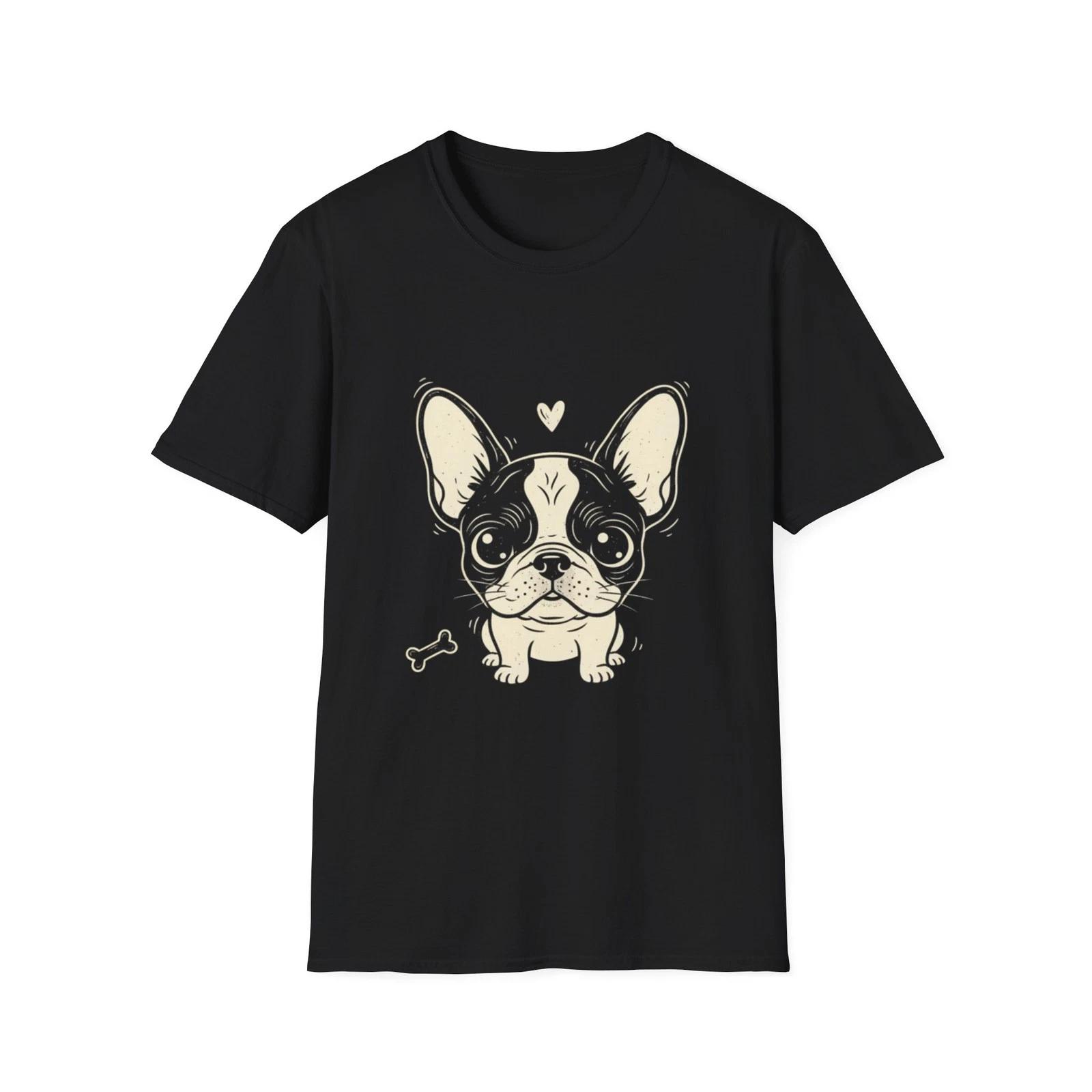 French Bulldog Cute Heart Bone Dog Black Graphic Tee Vintage T-Shirt S