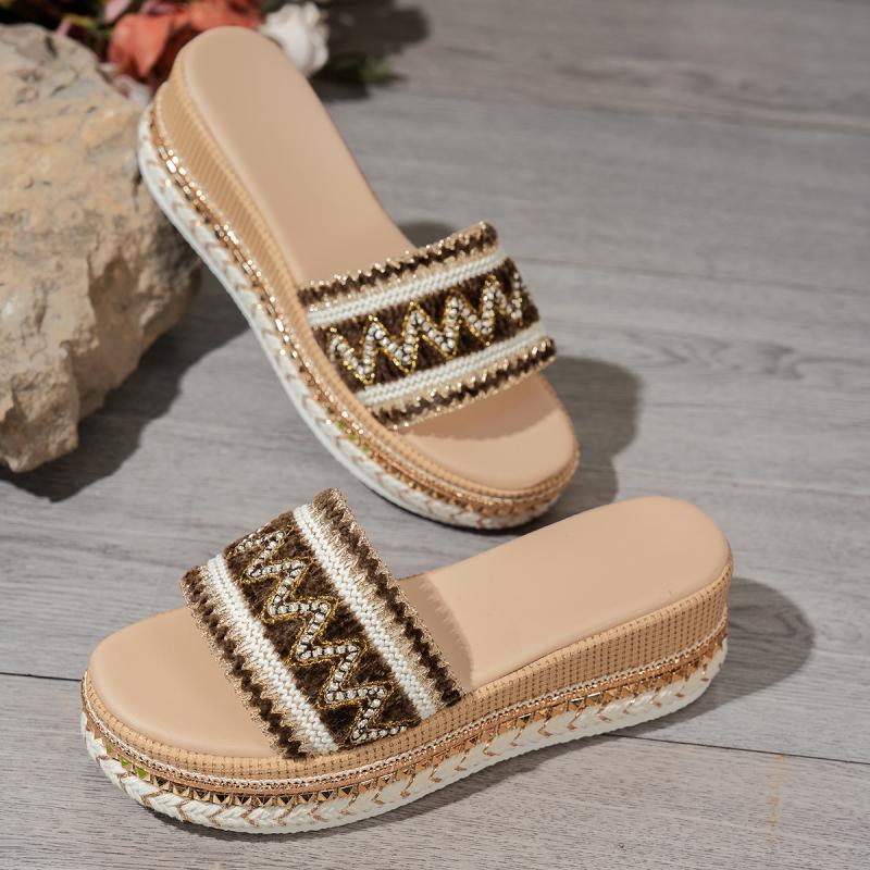 Fashion Ethnic Weave Straps Beach Platform Wedge Slippers Women 2025 Summer Bohemia Medium Heels Slides Luxury Comfort Outdoor Slides
