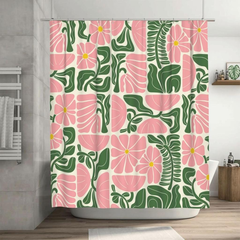 Abstract Geometric Boho Shower Curtains for Bathroom, Cute Blue and Green Floral Bathroom Shower Curtain, Vintage Bath Curtain