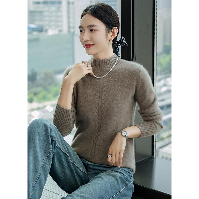 Women's Cashmere Cable Knit Top: Half-High Neck, Loose Fit, Warm Slimming Base Layer for Autumn and Winter