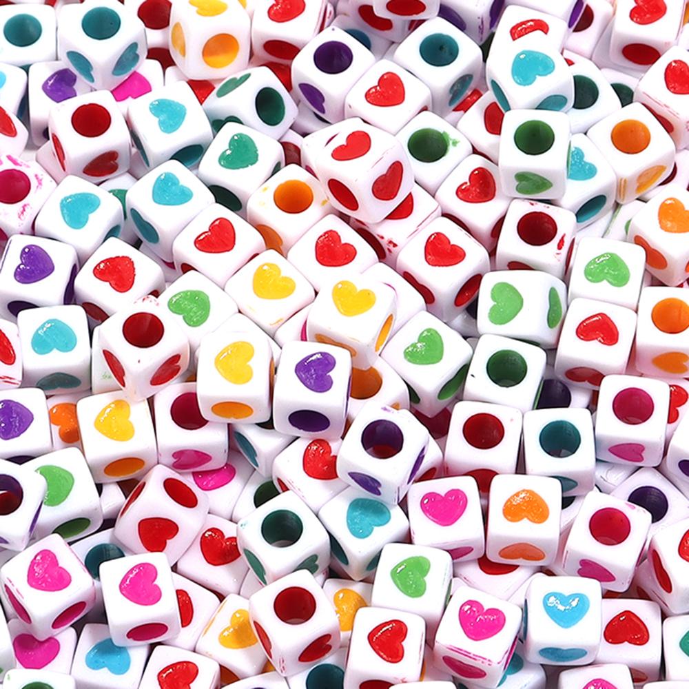 100Pcs 6mm Acrylic Drop Oil Beads Colorful Heart Pattern Square Loose Beads For DIY Bracelets Phone Chains Jewelry Supplies