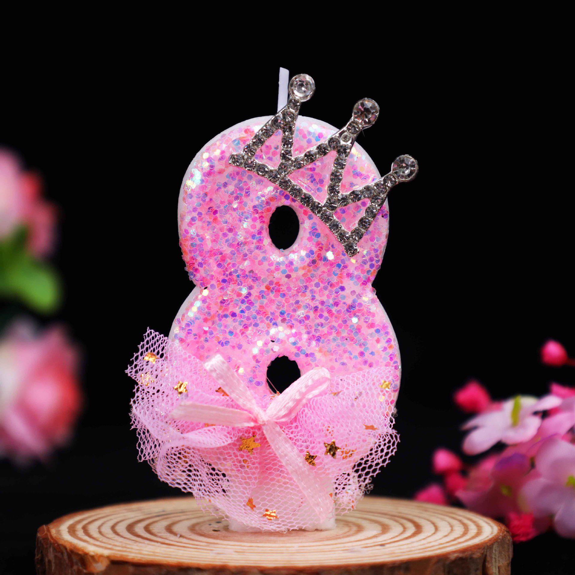 Pink Crown Bow Birthday Candle with Noble Number - Cake Decoration