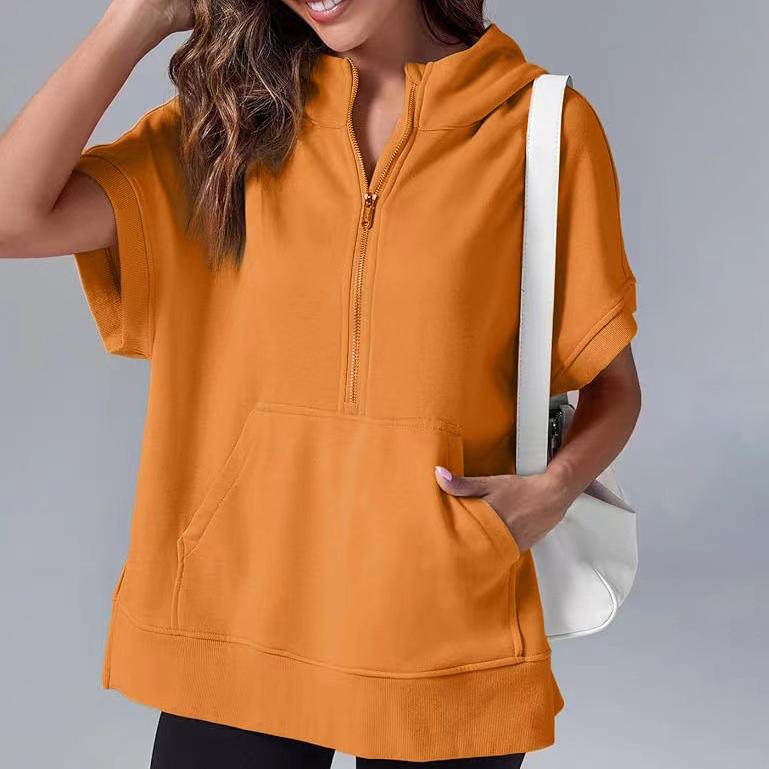 Ανοιξιάτικη Γυναικεία Μονόχρωμη Μόδα Casual Μπλούζα Φούτερ με Κουκούλα και Κοντό Μανίκι