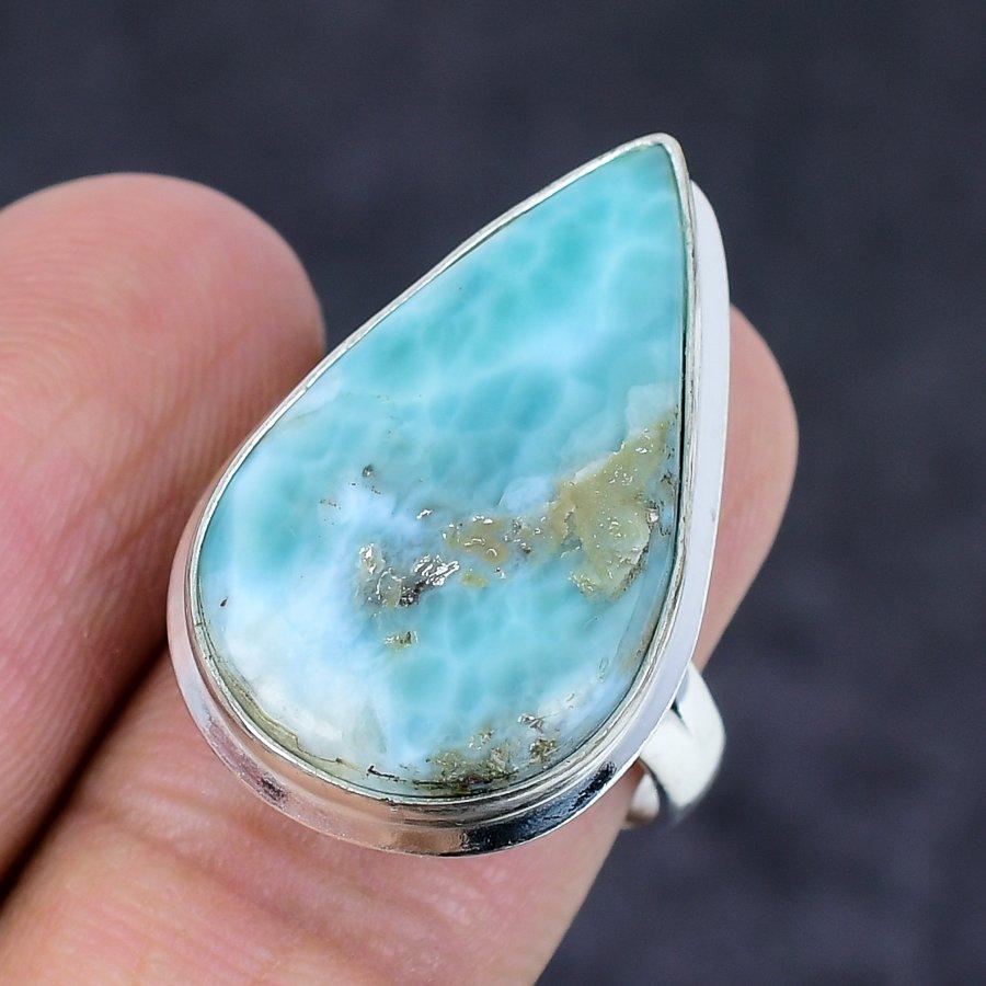 Natural Larimar Gemstone Handmade 925 Sterling Silver Jewelry Ring Size 7 H7a85